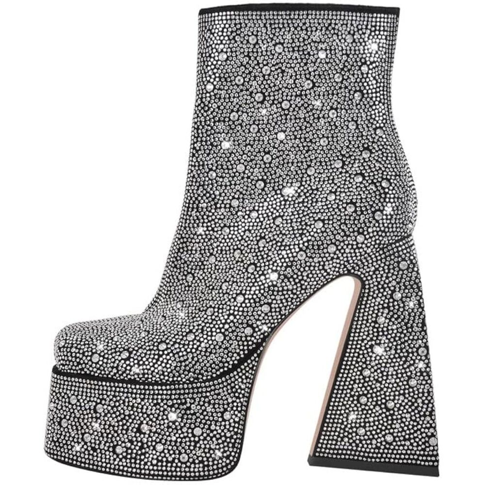 Womens platform boots 9-9.5 40 black Rhinestone ankle Chunky wedge heel zip up